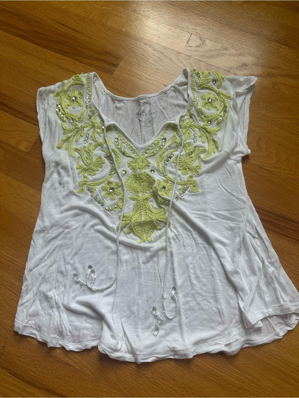 Women’s White INC Embroidered Tunic Top with Lime Accents